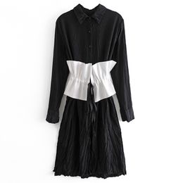 Primavera femminile casual colletto rovesciato patchwork con pannelli monopetto manica lunga minimalista abito a pieghe 8Y155 210510