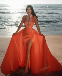 Sexy Orange Prom Dresses Keyhole Neck Mermaid Beads Crystals High Split African Sweep Train Evening Gowns Middle East Plus Size Vestidos De Festa