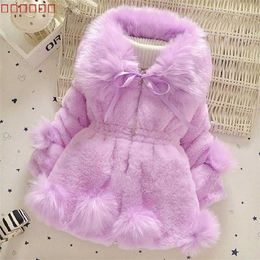 Winter Baby Girls Lmitation Fur Coat Long Jacket Warm Sweater Children Big Collar Thick Cotton Children's Clothing 211203