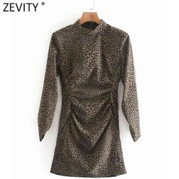 Women Vintage Stand Collar Leopard Print Pleats Slim Mini Dress Femme Long Sleeve Corduroy Vestido Chic Cloth DS4718 210420