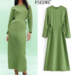 Dress Woman Green Cut Out Long Women Elegant Midi Sleeve es Ladies Adjustable Tied Casual es 210519