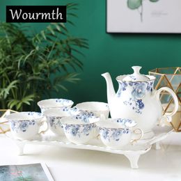 Wourmth Blue Flower Bone China Coffee With Tray Luxury Porcelain Tea Pot Cup Ceramic Sugar Bowl Teapot Coffeeware Set