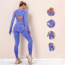 2 Piece Yoga Set Women Long Sleeve Crop Top Sports Bra Fitness Gym Clothing Seamless Workout Suit Leggings 210802