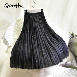 Qooth Summer Trendy Women All-match Shiny Tulle Pleated Skirts Sequins Mid With Lining Black Ankle Length QT060 210609