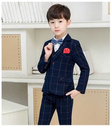 Latest Navy Blue Plaid Boy Suit 3 Pieces Set Children Prom Wedding Suits Blazer Oversize Kids Formal Tuxedo Jacket Pants Vest X0909