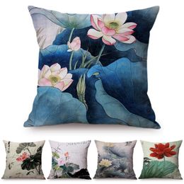 Chinese Vintage Watercolour Painting Lotus Cushion Cover Beautiful Elegant Home Decorative Summer Flowers Bird Throw Pillow Case Cushion/Deco