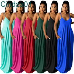 Women Dress Designer Sexy V Neck Solid Color Sling Loose Long Dresses With Pocket Ladies Skirt 6 Colours