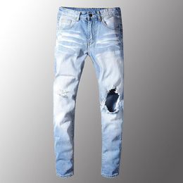 светло-синие проблемные джинсы-джинсы Скидка Мужские синие легкие отверстия раскатывают растягивающие джинсы тонкие худые джинсовые брюки длинные брюки высокого качества мужчины
