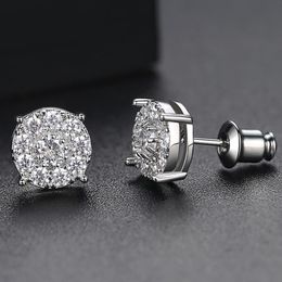 Hip Hop 10MM Stud Earrings for Men Round Black White Zirconia Gold Color Micro Inlay Crystal Iced Earring Fashion Gifts Jewelry Accessories
