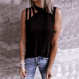 Women Sexy Off Shoulder Sleeveless Vest T Shirts Summer O-Neck Hollow Out Tees Solid Slim White Streetwear T-shirts Tops 210416