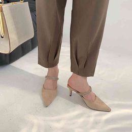 Arrivals Pointed Toe Suede Shallow Thin High Heels Slip On Mules Flock Hollow Design Casual Pumps Size 35-39 210513