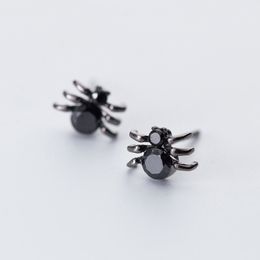 MloveAcc 100% 925 Sterling Silver Women Jewellery Fashion Cute Tiny 9mmX6mm Black Spider Stud Earrings for Daughter Girls