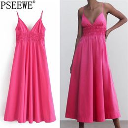 Dress Women Rose Red Slip Long Dresses Woman Summer Sleeveless Ruched Strap Backless Casual Women's 210519