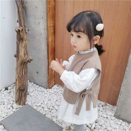 Spring Autumn Baby Vest Gril's Korean Round Neck Knitted Wool Thin Children's Pullover Toddler Girl Clothes Free 211203