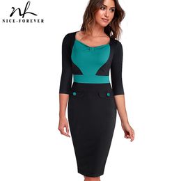Nice-forever Winter Vintage Contrast Colour Patchwork Work Dresses Business Bodycon Women Office fitted Dress B369 210419