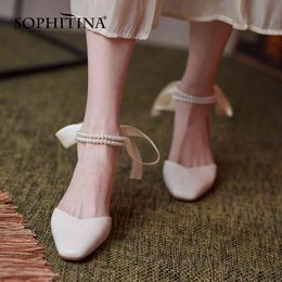 SOPHITINA Female Pumps Luxury Beaded Lace-Up Butterfly-knot Sweet Shoes TPR Small Square Toe Side Hollow Women's Shoes AO799 210513