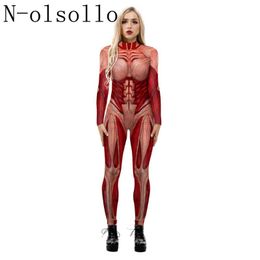 Women's Jumpsuits & Rompers N-olsollo 3D Flesh Colour Muscle Print Cosplay Womens 2021 Halloween Sexy Body Suits Bodycon Gothic Overall