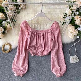 Short Tops Women Fashion Korean Square Neck Long Sleeve Vintage Hollow Solid Colour Blouse Shirts L829 210527
