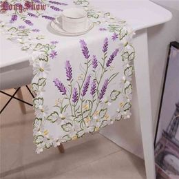 Japanese Style 40x90 40x180cm Luxury Purple Lavender Floral White Satin Cutwork Embroidered Table Runner TV Stand Cabinet Cover 210709