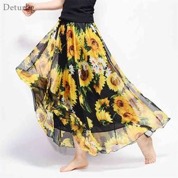 New Fashion Women's BOHO Elegant Florals Print Chiffon Long Skirt Ladies Slim High-Waist Elastic Waist Pleated Skirts SK15 210412