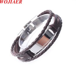 WOJIAER Men Black Handmade Dichroic Bracelet and Stainless Steel Charm Genuine Braided Leather Bangles Jewelry BC008