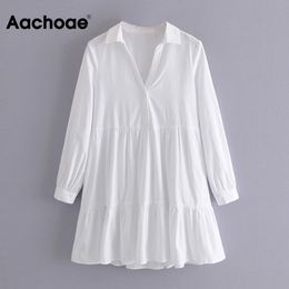 Women Elegant A Line Cotton Shirt Dresses Chic Long Sleeve Loose Mini Female Turn Down Collar Casual White Dress 210413