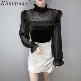 Kimutomo Women Stand Collar Fuguns Blouses French Style Spring Girls Polka Dot Velvet Patchwork Lantern Sleeve Shirts 210521