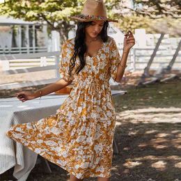 Ladies Maxi Floral Print Summer Dress Women Loose Casual High Waist Sashes Bohemian Women Beach Dress Female Vestidos Sundress 210416