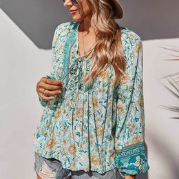 INSPIRED turquoise long sleeve blouse women V-neck tied women blouse cotton tops for women plus size spring summer blouse 210412