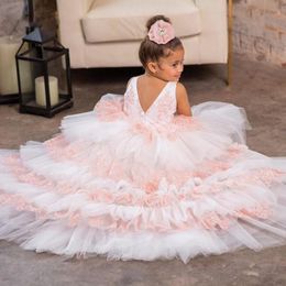 Girls Pageant Dresses Princess Tulle Lace Appliques Pearls Kids Flower Girl Dress Ball Gown Birthday Gowns Floor Length Hand Flowers