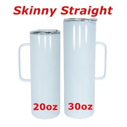 Wholesale! Sublimation Handle Straight Tumblers 20oz 30oz White Blank Handgrip Cups 304 Stainless Steel Water Bottles Double Insulated with Lid&Plastic Straw A12