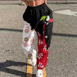 Women Fashion High Street Pocket Sweatpants Christmas Elk Snowflake Print Trousers Simple Solid Jogger Long Pants Mujer 211124
