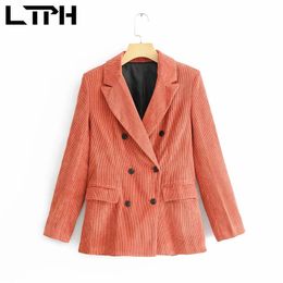 vintage corduroy women blazer double-breasted Pockets Blazers and Jackets casual all-match Lady Suit Coat spring 210427
