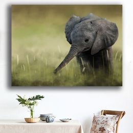 Wall Art Decoration Elephant Cubs Animal Painting Green Landscape Picture Printed on Canvas for Living Room Poster Cudros Decor