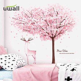 Ins Pink Cherry Tree Deer Self-Adhesive Wall Stickers Bedroom Decor Stickers Background Stickers Home Decoration Kids Room Decor 211112