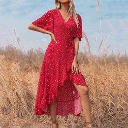 Summer sweet V-neck print polka dot beach a-line dress vintage holiday maxi es for women boho Ruffles long 210508