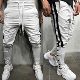 Men's Casual Slim Fit Side Stripe Elastic Drawstring Button Long Joggers Pants Sweatpants Workout With Pockets