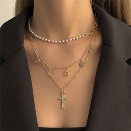 Vintage Simple Pearl Handmade Rhinestone Cross Chain Necklaces Bohemia Dainty Star Circle Pendant Choker Necklace Women Jewellery