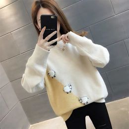 female pullover long sleeve autumn winter sweater women's wild loose outer wear patchwork 210427