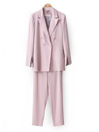 Work Pant Suits OL 2 Piece Sets Double Breasted Striped Pink Blazer Pants Suit For Women Trousers Set Feminino Spring 210510