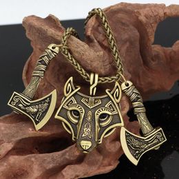 -Colares de pingente dos homens Machado de Viking Celtic Wolf Chavo Colar Retro de Aço Inoxidável Pirata Ouro e Prata Cor Liga Jóias Presente