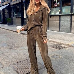 Clacive Casual Loose Shirts Pants Set Woman 2 Pieces Elegant Brown High Waist Pant Suits Fashion Pleated Home Wide Trouser 220315