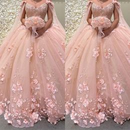 summer ball gown UK - 2022 Romantic Pink 3d Floral Flowers Ball Gown Quinceanera Prom Dresses with Cape Wrap Caftan Sexy Crystal Beaded Lace Long Sweet 16 Dress Vestidos 15 Anos Plus Size