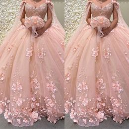 2022 Romantic Pink 3d Floral Flowers Ball Gown Quinceanera Prom Dresses with Cape Wrap Caftan Sexy Crystal Beaded Lace Long Sweet 16 Dress Vestidos 15 Anos Plus Size