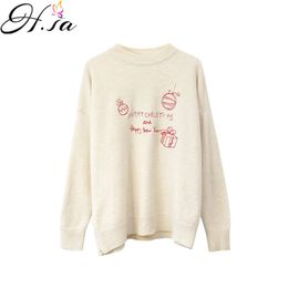 H.SA Women Casual Sweaters Fleeced Soft Beige Red Pull Jumpers Letters Printed Year Sweater Warm Ladied Clothes 210417