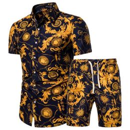 2021 Summer New Men's Clothing Short-sleeved Printed Shirts Shorts 2 Piece Fashion Male Casual Beach Wear Clothes X0610