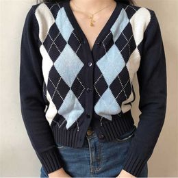Vintage Geometric Argyle Sweater Cardigan Women Autumn Knit Long Sleeve V Neck Outerwear Elegant Knitted Ladies Sweaters 211018