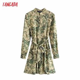 Tangada Fashion Women Green Tree Print Shirt Dress Buttons Long Sleeve Office Ladies Mini Dress with Slash 3H81 210609