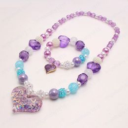 Charming Baby Girls Purple Heart Pendant Necklace Bracelets Gift DIY Elastic Beads Jewelry Set For Kids Valentine's Day