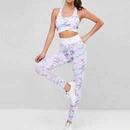 Fashion Ladies Yoga Set Printed Camouflage Two Piece High Waist Hip Bottom Pants Running FitnYoga Suit Gym Clothing E2 X0629